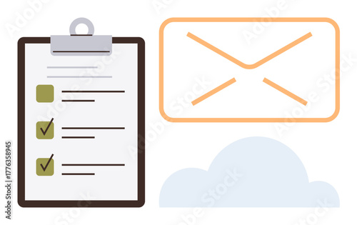 Clipboard with checklist, green checkmarks beside large envelope and cloud. Ideal for organization, productivity, email, cloud storage, collaboration, workflow digital tasks. Simple flat metaphor