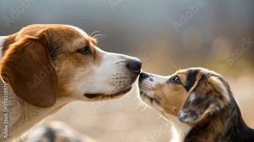 Adult beagle puppy dog portrait nose touch brown white close up tender outdoor moment warm light soft background muzzle touching parent pup close up