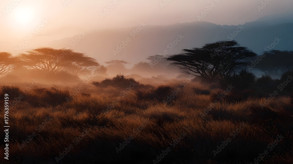 Fototapeta premium Misty African savanna landscape at sunrise with silhouetted acacia trees and golden light filtering through the haze