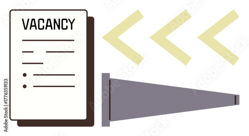 Vacancy paper, megaphone, and focus arrows highlight hiring, job search, or team building. Ideal for recruitment campaigns, job boards, communication, HR career services advertising simple flat