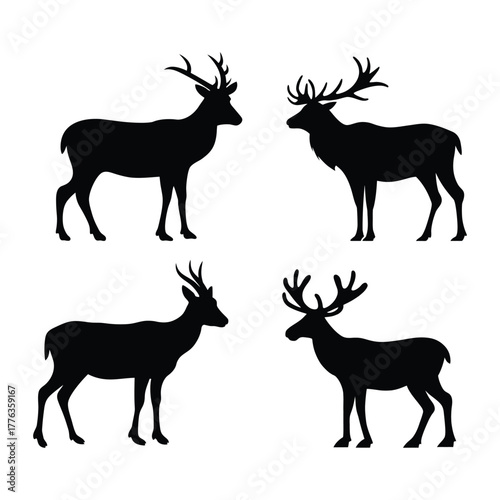Vector silhouettes of wild Pronghorn, including stag, elk, and reindeer with large antlers, isolated on white