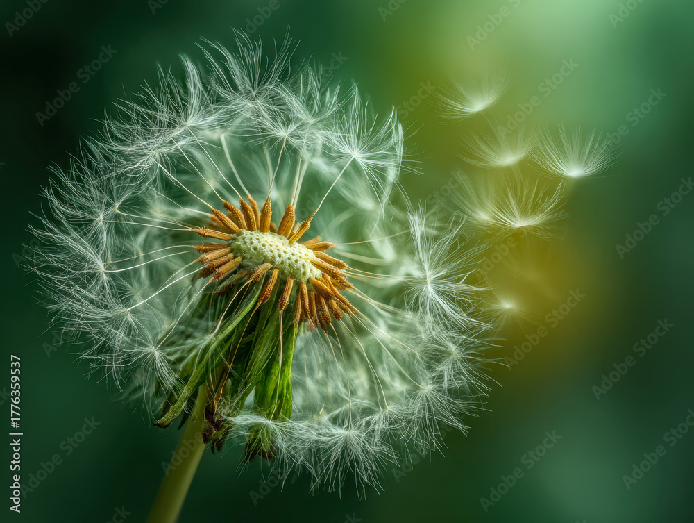 Fototapeta premium Close-up of a dandelion seed head releasing fluffy seeds into a soft green and yellow blurred background symbolizing nature and growth