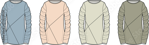 Set of four long-sleeved crew neck tops in different pastel colors, each featuring a unique diagonal line pattern on the sleeves and chest, presented in a flat lay illustration
