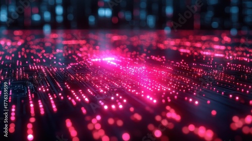Abstract Technology Landscape with Pink Lights and Data Flow.