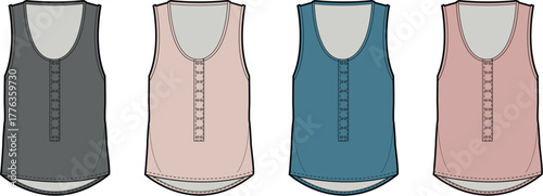 Collection of women's sleeveless Henley tank top technical fashion flat sketches in four different colorways. Vector illustration for apparel design and clothing templates