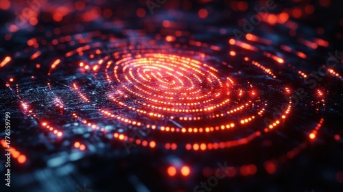 Futuristic fingerprint security system with glowing red and blue lights.