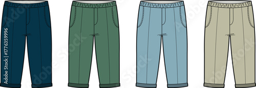 Vector template collection of men's and women's casual sweatpants in four different colors. Fashion design technical drawing of jogger pants