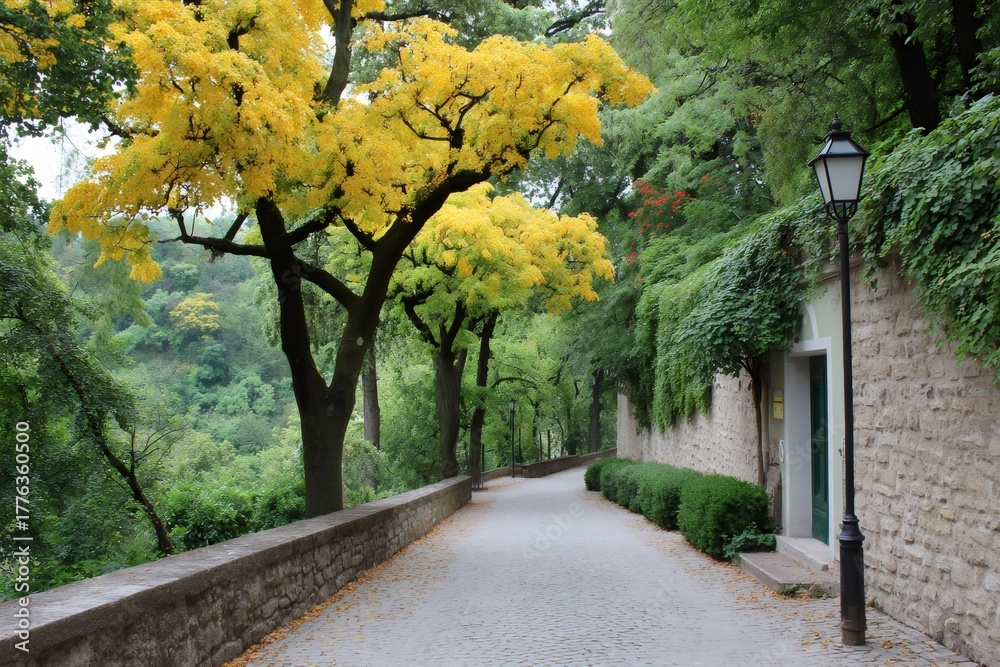 Naklejka premium Autumn park path with yellow tree and stone wall