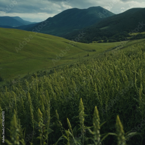 Serene Mountain Landscape with Lush Green Hills and Wild Meadow Under Cloudy Sky