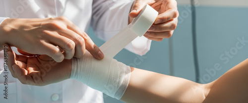 Doctor wrapping a patient’s arm with a bandage. Faces unseen for privacy. Close up hands showing care and professionalism in a bright, clean medical environment.