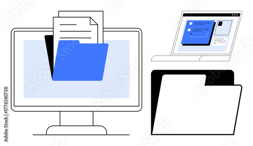 Monitor displaying folder with documents, open folder, and laptop interface. Ideal for cloud storage, data organization, digital filing, document sharing, workflow technology productivity. Simple