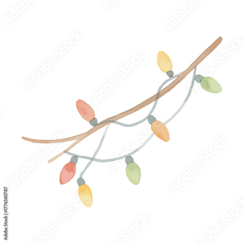 Watercolor Christmas Lights on a Branch, Soft Pastel Colored Bulbs