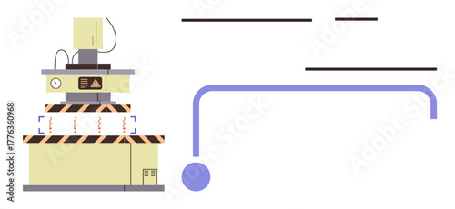 Industrial machine with control panel, energy waves, and connection lines. Ideal for automation, engineering, manufacturing, energy, production efficiency innovation concepts. Simple flat metaphor