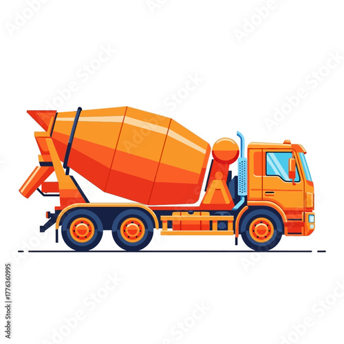 Vector Illustration of Orange Cement Mixer Truck on White Background