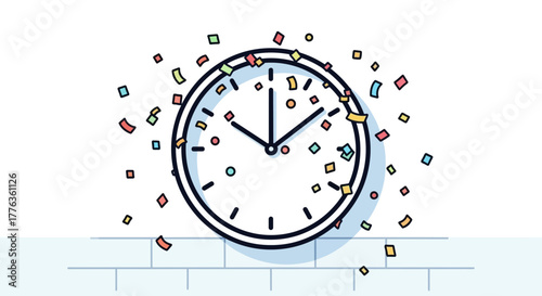 A clock with hands pointing at ten past ten, surrounded by colorful confetti, celebrating an event.
