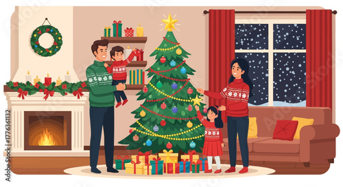 A happy family decorates a Christmas tree in a cozy living room with presents and a fireplace.