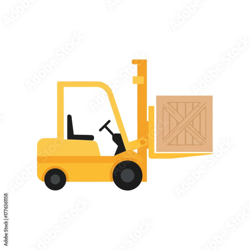 Yellow Forklift Truck with Wooden Crate, Warehouse Logistics Illustration