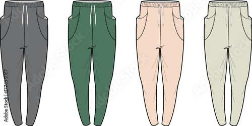 Collection of four different colored women's sweatpants, showcasing a modern and casual style suitable for everyday wear
