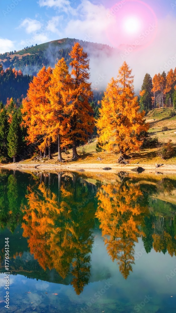 Fototapeta premium Autumn's Golden Reflection: A breathtaking autumnal scene unfolds, showcasing golden trees mirrored on a tranquil lake. The landscape breathes with nature's warm hues, capturing a serene moment.
