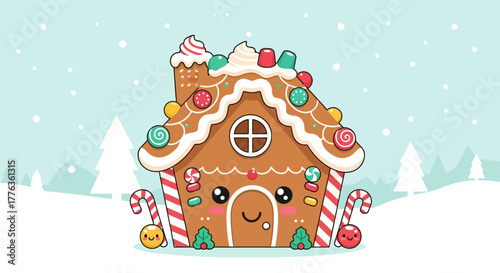 Cute kawaii gingerbread house decorated with candies in a snowy winter landscape with trees and falling snow, perfect for holidays.