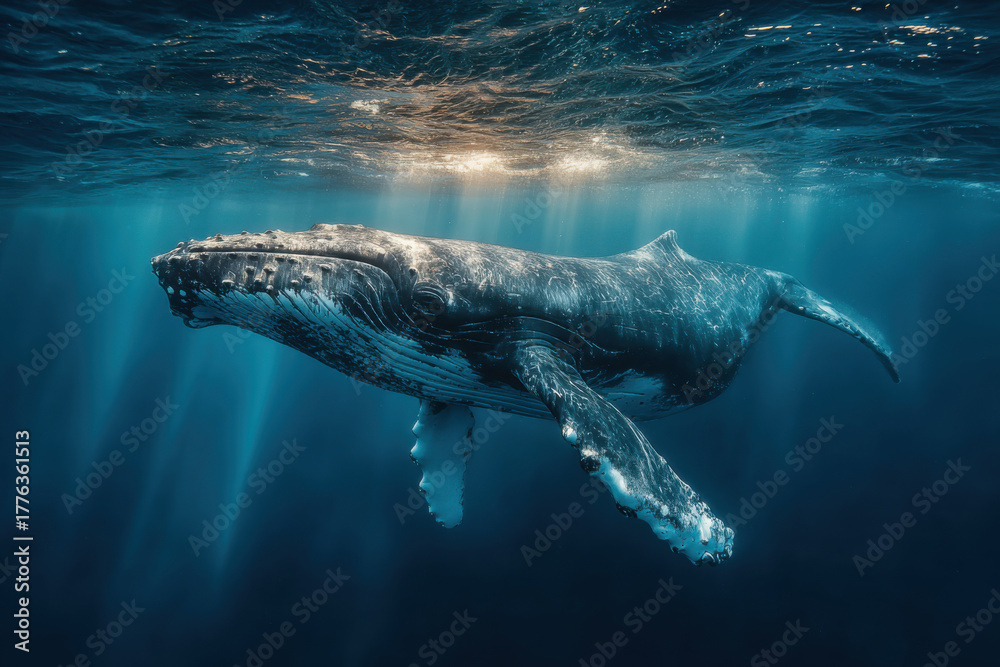 Fototapeta premium A majestic humpback whale swims gracefully underwater near the surface with the sun's rays penetrating.