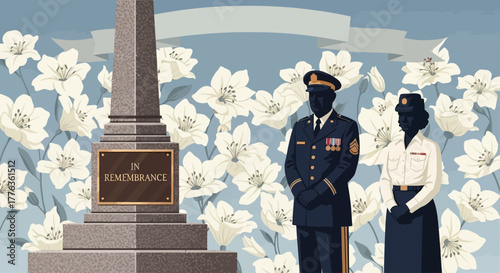 Memorial Day tribute with soldiers standing before a monument amidst white lilies.