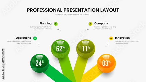 Corporate Profile Frame Template Vector Illustration. Financial Report Four Element Infographic Presentation Design. Minimal Launch 4 Option Graph Slide Layout.