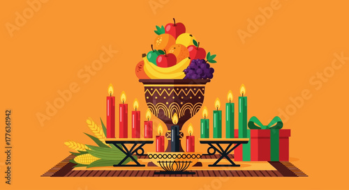 Vibrant Kwanzaa celebration display with seven candles, a fruit bowl, corn, and a gift box on an orange background.