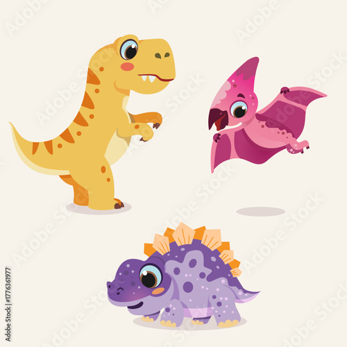 Dinosaurs and Pterosaur in Prehistoric Cartoon Style