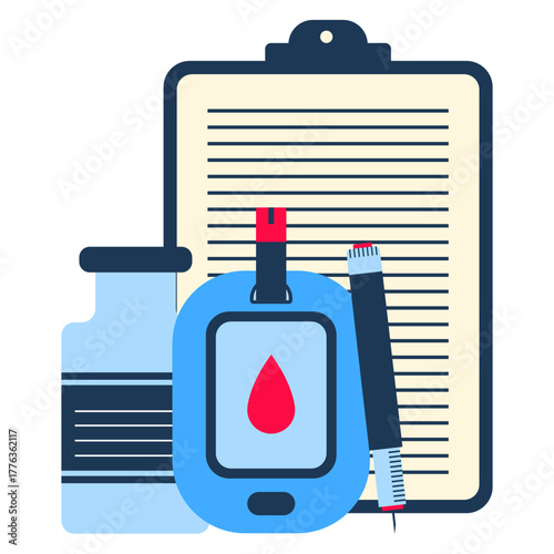 World diabetes day illustration. Blue universal circle and ribbon symbol for diabetes in red drop blood sign. Vector isolated