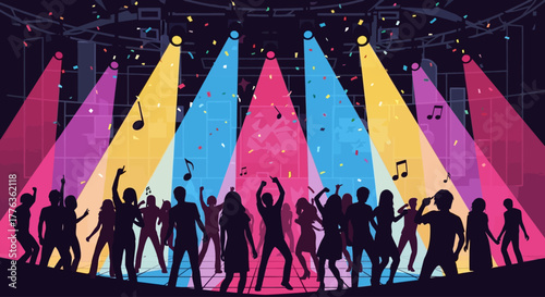 Silhouetted people dancing under colorful spotlights at a party.