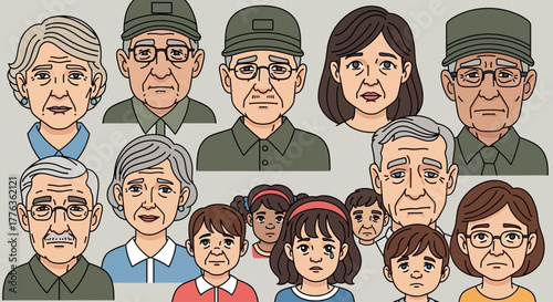 A collection of illustrated portraits showing diverse people of all ages with sad and somber expressions.