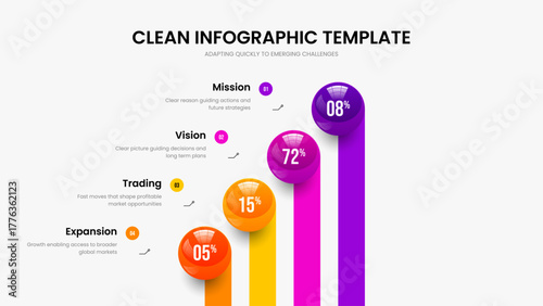 Enterprise Launch 4 Step Chart Presentation Layout. Educational Review Four Element Graph Slide Design. Medical Innovation Slideshow Template Vector Illustration.