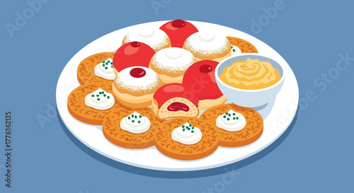 A plate of assorted sufganiyot and latkes served with applesauce, a traditional Hanukkah treat.