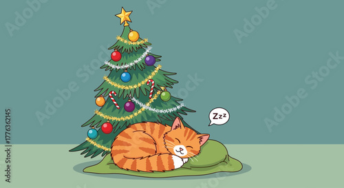 A cute orange tabby cat sleeping peacefully next to a decorated Christmas tree.
