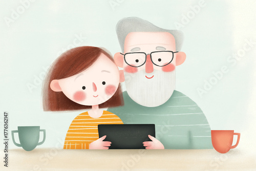 Teenage girl teaching grandfather how to play game on tablet, seated at plain table with coffee mugs, soft pastel tones