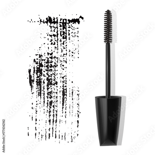 A mascara tube and a wand applicator. Cosmetic black bottle with eyelash brush. Isolated on white background. black brush stroke, 3d realistic vector illustration