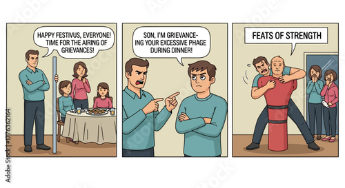 Comic strip depicting a family airing grievances and feats of strength.