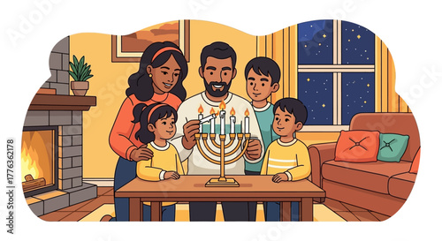 A family gathers around a menorah, lighting candles during Hanukkah celebrations in a cozy living room.