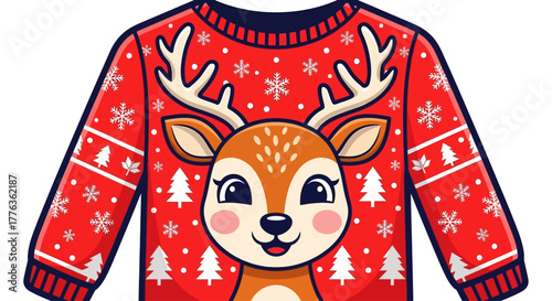 Festive red Christmas sweater with a cute reindeer face and snowflake pattern.