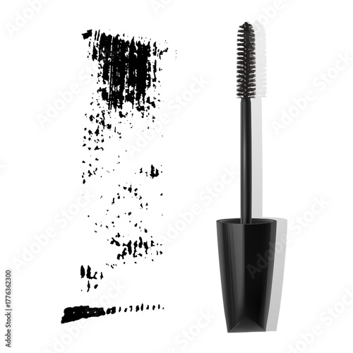 A mascara tube and a wand applicator. Cosmetic black bottle with eyelash brush. Isolated on white background. black brush stroke, 3d realistic vector illustration