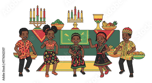 Five joyful children in traditional African attire dancing in front of a Kwanzaa table with kinara, unity cup, and fruits, celebrating the holiday.