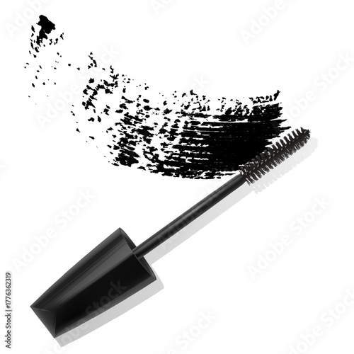 A mascara tube and a wand applicator. Cosmetic black bottle with eyelash brush. Isolated on white background. black brush stroke, 3d realistic vector illustration
