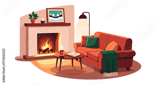 Cozy living room scene with a fireplace, sofa, and coffee table, creating a warm and inviting atmosphere.
