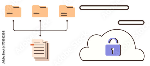 File folders connected to documents and secured cloud icon emphasizing data organization and protection. Ideal for cloud computing, cybersecurity, file sharing, data transfer, digital storage