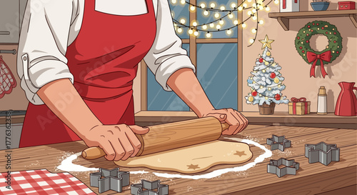 Woman rolling dough for Christmas cookies in a festive kitchen.