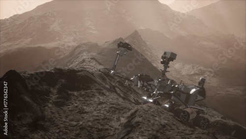 Tableau sur toile Curiosity rover navigates the rocky landscape of Mars, capturing the essence of the red planets rugged beauty during a serene twilight