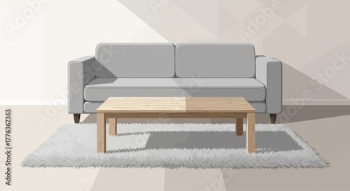 A living room scene with a gray sofa, wooden table, and white rug.