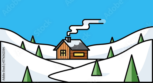 A cozy wooden cabin with a smoking chimney nestled in a snowy winter landscape with pine trees.