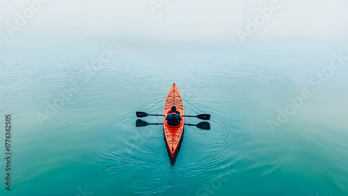 Peaceful Lake Kayaking, Orange Kayak on Turquoise Water Outdoor Adventure Travel Scene